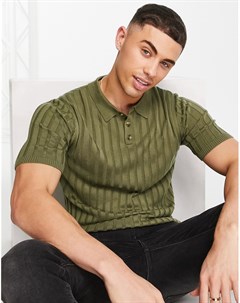 Трикотажная футболка поло цвета хаки в рубчик Asos design