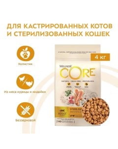 Сухой корм Wellness Курица с индейкой для стерилизованных кошек и кастрированных котов 4кг Core