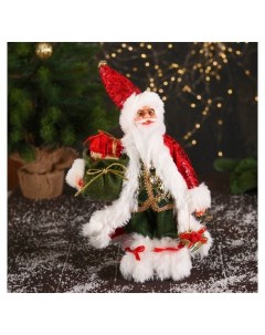 Дед мороз В блестящем костюмчике с мешком и колокольчиками 30 см красно зелёный Зимнее волшебство