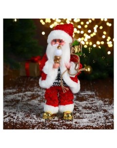 Дед мороз В свитере и блестящей шубке с белым мехом двигается лампа светится 15х30 см Зимнее волшебство
