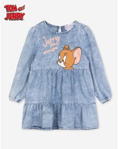 Джинсовое ярусное платье с принтом Tom and Jerry для девочки Gloria jeans