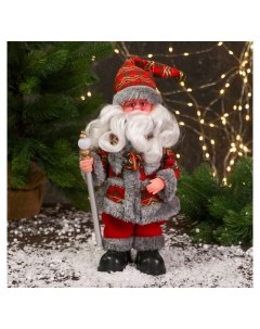 Дед мороз Цветной шубке и с фонариком на посохе 30 см двигается красно серый Зимнее волшебство
