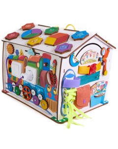 Деревянная игрушка Бизиборд домик Знайка Смайлики на паровозике со светом 36х29х29 см Evotoys
