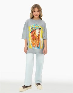 Серая superoversize футболка с принтом для девочки Gloria jeans