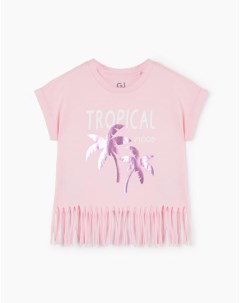Светло розовая футболка Tropical с бахромой для девочки Gloria jeans