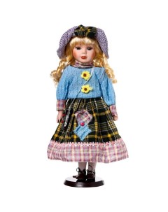 Кукла коллекционная керамика Блондинка в голубом свитере с цветочками 40 см Кнр