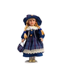 Кукла коллекционная керамика Сашенька в ярко синем наряде в клетку 40 см Кнр