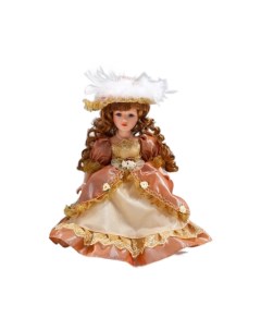 Кукла коллекционная керамика Марго в карамельном платье в шляпе и с сумкой 30 см Кнр