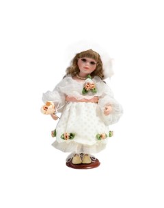 Кукла коллекционная керамика Шелли в белом платье шляпе и с розой 30 см Кнр