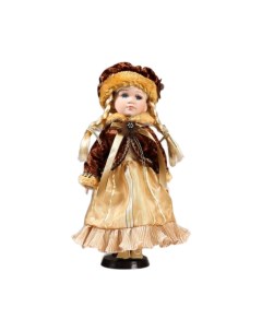 Кукла коллекционная керамика Лида в золотом платье и бархатной шубке 30 см Кнр