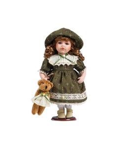 Кукла коллекционная керамика Леночка в оливковом платье и шляпке с мишкой 30 см Кнр