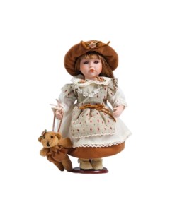 Кукла коллекционная керамика Сонечка в бежевом платье в горох с медведем 30 см Кнр