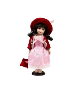 Кукла коллекционная керамика Таисия в розовом платье и красном кардигане 30 см Кнр