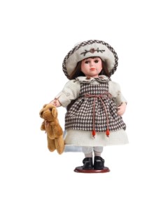 Кукла коллекционная керамика Мариша в клетчатом платье со шляпкой 30 см Кнр
