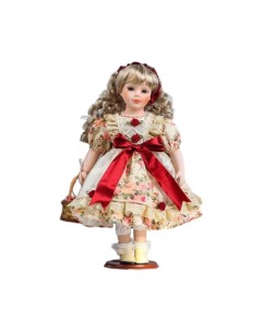 Кукла коллекционная керамика Алла в платье с бордовым бантом и корзиной 40 см Кнр