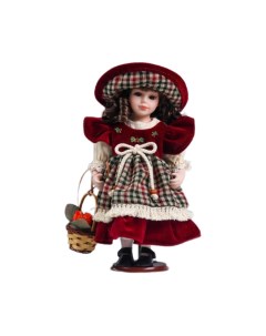 Кукла коллекционная керамика Марина в платье с бархатом в клетку с корзиной 30 см Кнр