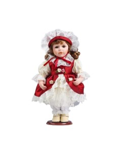 Кукла коллекционная керамика Мила в красно белом платье и чепчике 30 см Кнр