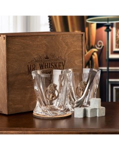 Набор бокалов для виски лев в деревянной коробке с костерами Город подарков