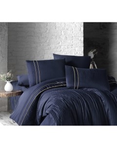 Комплект постельного белья STRIPE NAVY BLUE хлопковый сатин люкс евро First choice
