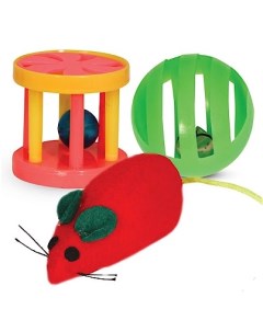 Набор игрушек для кошек мышка шар погремушка барабанчик разноцветный 17 5см 3шт Триол