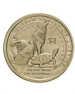 Памятная монета 1 доллар Делаверский договор Сакагавея Коренные американцы США 2013 г UNC Nobrand