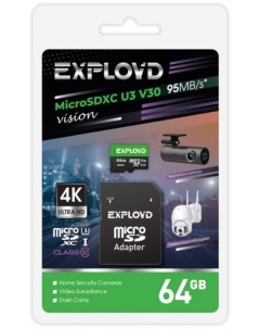 Карта памяти MicroSDXC 64GB EX64GCSDXC10 U3 V30 Class 10 Vision UHS I U V30 95 Mb s SD адаптер Exployd