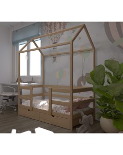 Кровать детская Теремок 160х80 с выкатными ящиками и ортопедическим матрасом Лунный лес