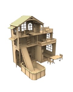 Кукольный деревянный домик с мебелью и бассейном Ais laser