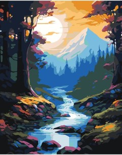 Картина по номерам Природа Красочный пейзаж с лесным ручьем и горами Цветное