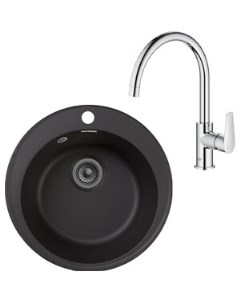 Кухонная мойка и смеситель Quarz GF-Z08, Grohe BauEdge 31367001 с сифоном, черная Granfest