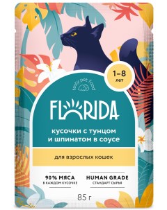 Паучи для взрослых кошек кусочки в соусе Тунец и шпинат 85 г Florida