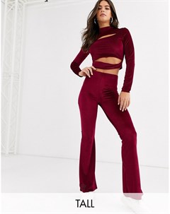 Бордовые расклешенные бархатные брюки от комплекта в рубчик Missguided tall