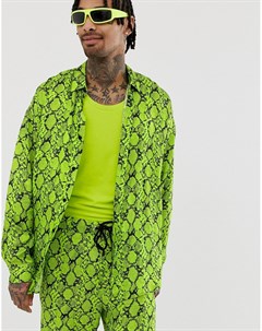 Неоново зеленая атласная рубашка с отделкой под змеиную кожу Jaded london