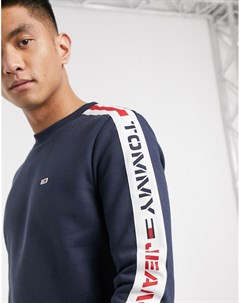 Темно синий узкий свитшот с круглым вырезом логотипом и фирменной лентой Tommy jeans